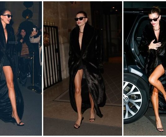 Hailey Bieber shfaqi këmbët e gjata me një pallto të zezë leshi gjatë Javës së Modës në Paris